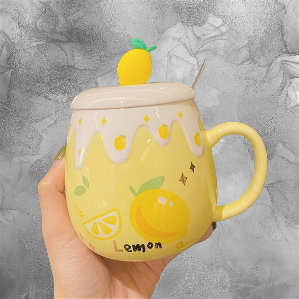Lemon Ceramic Mug With Lid And Spoon Cozy Morning Gift For Her Cute Yellow Cup