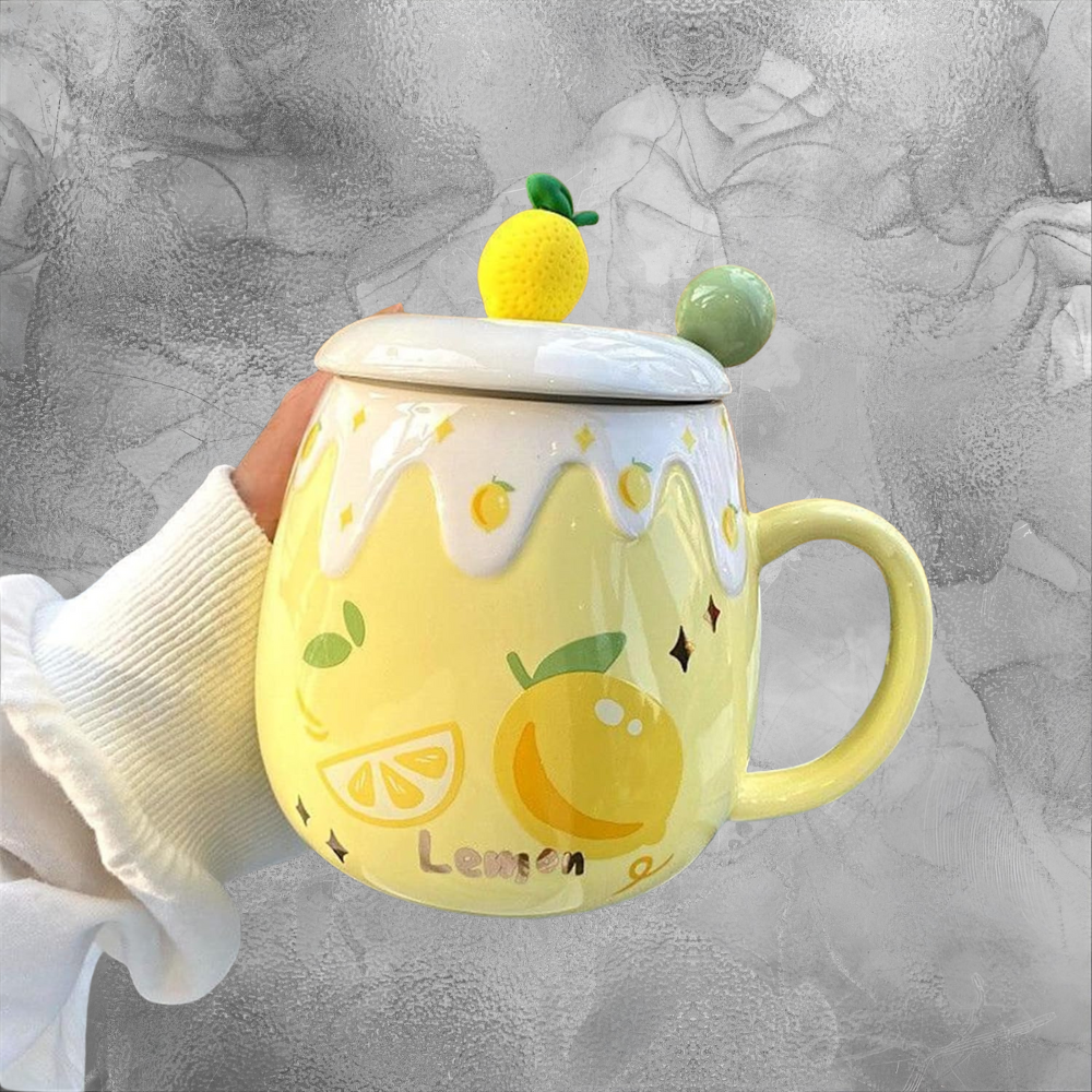 Lemon Ceramic Mug With Lid And Spoon Cozy Morning Gift For Her Cute Yellow Cup