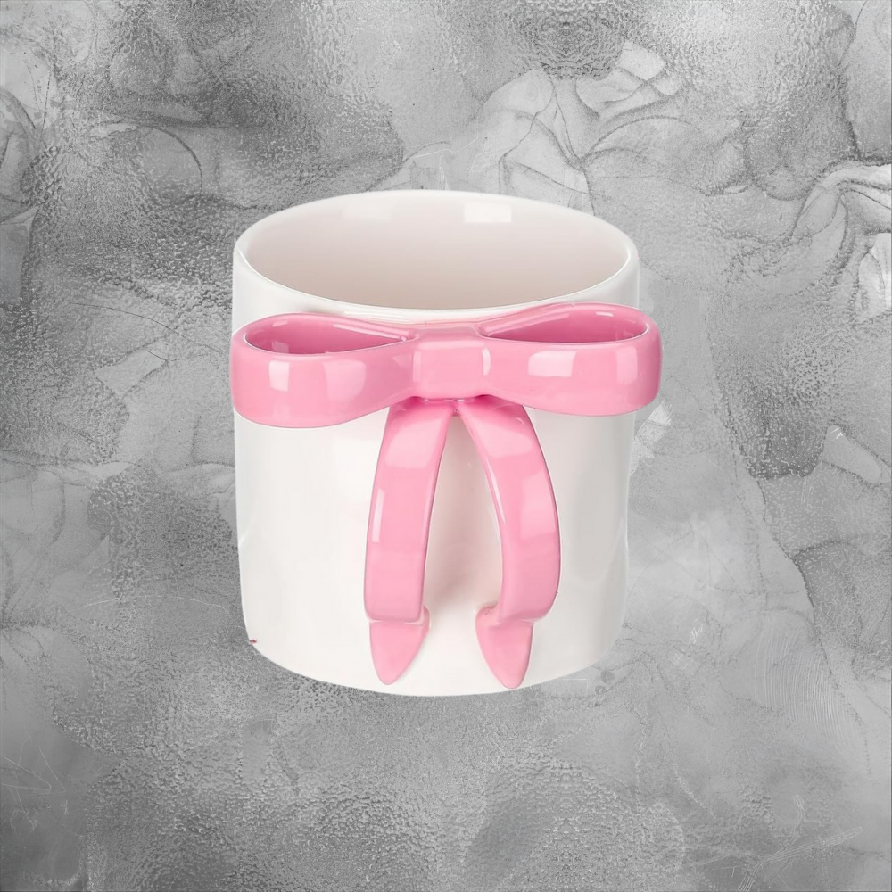 Pink Bow Handle Mug Cozy Minimalist Gift For Her Cute Ceramic Cup