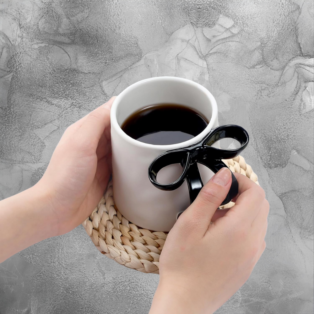 Pink Bow Handle Mug Cozy Minimalist Gift For Her Cute Ceramic Cup