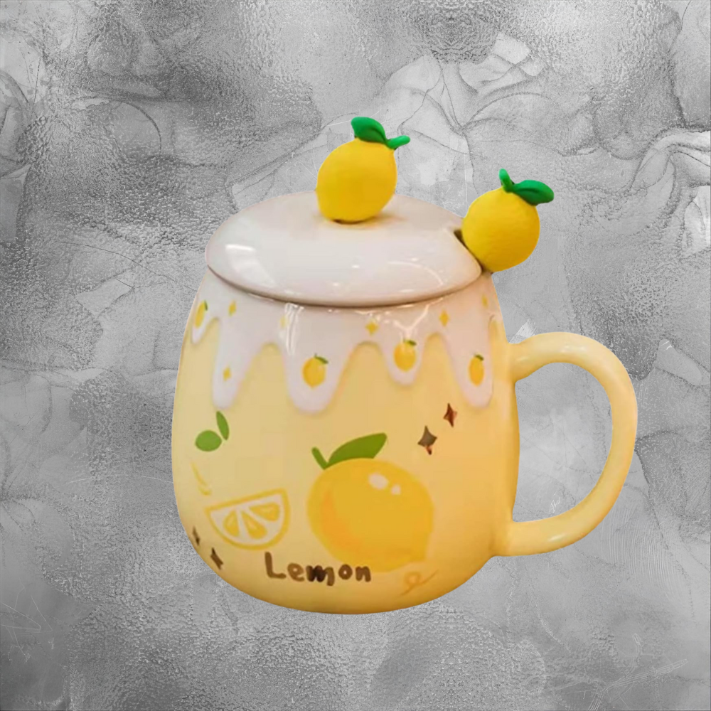 Lemon Ceramic Mug With Lid And Spoon Cozy Morning Gift For Her Cute Yellow Cup