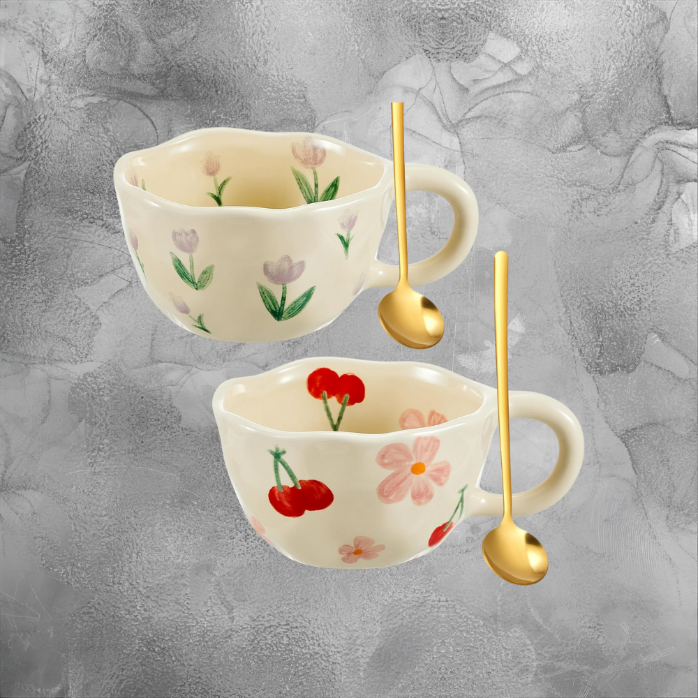 Hand Painted Ceramic Mug Set With Spoon Cozy Cherry And Tulip