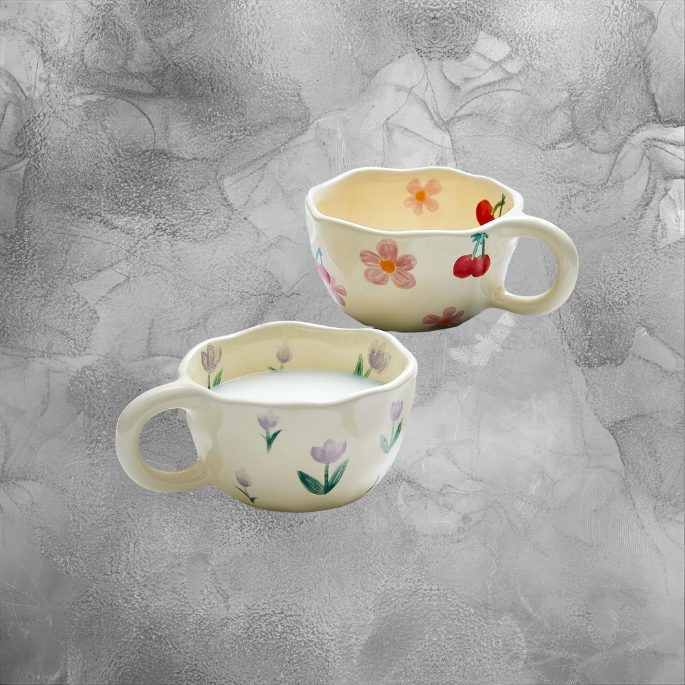 Hand Painted Ceramic Mug Set With Spoon Cozy Cherry And Tulip