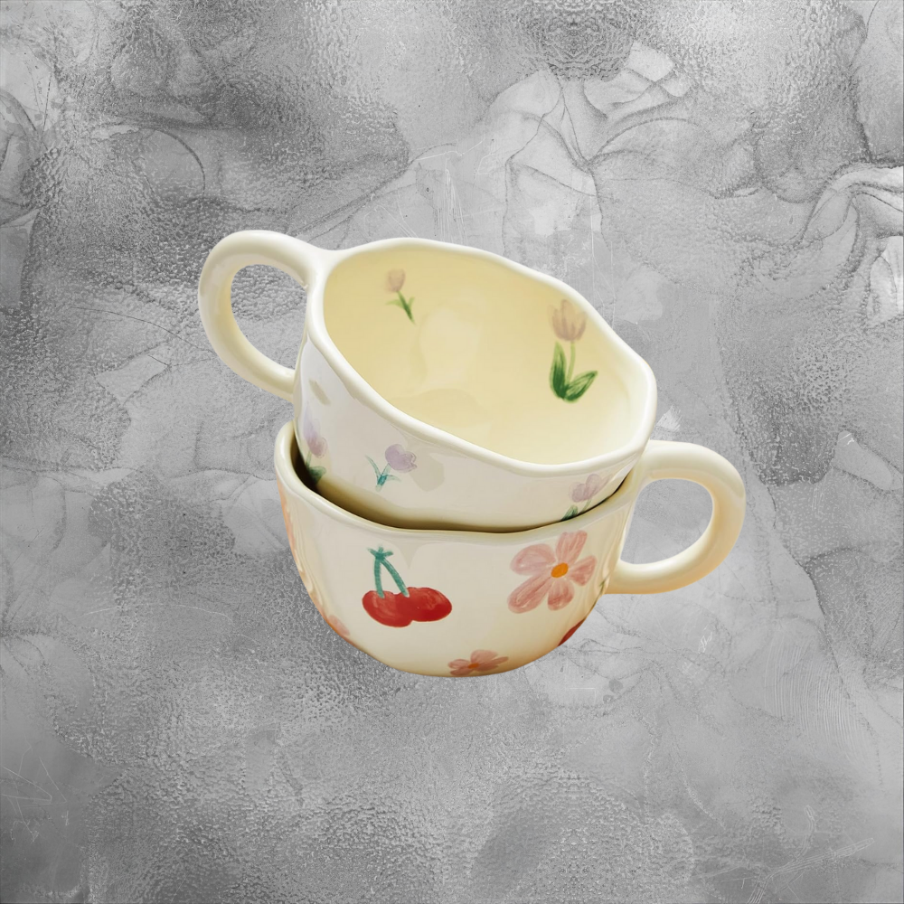 Hand Painted Ceramic Mug Set With Spoon Cozy Cherry And Tulip