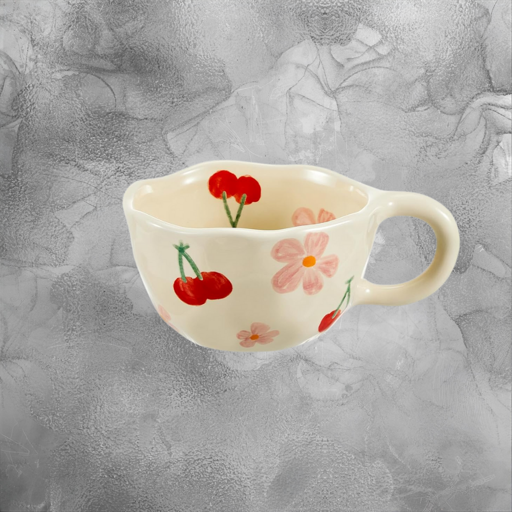 Hand Painted Ceramic Mug Set With Spoon Cozy Cherry And Tulip