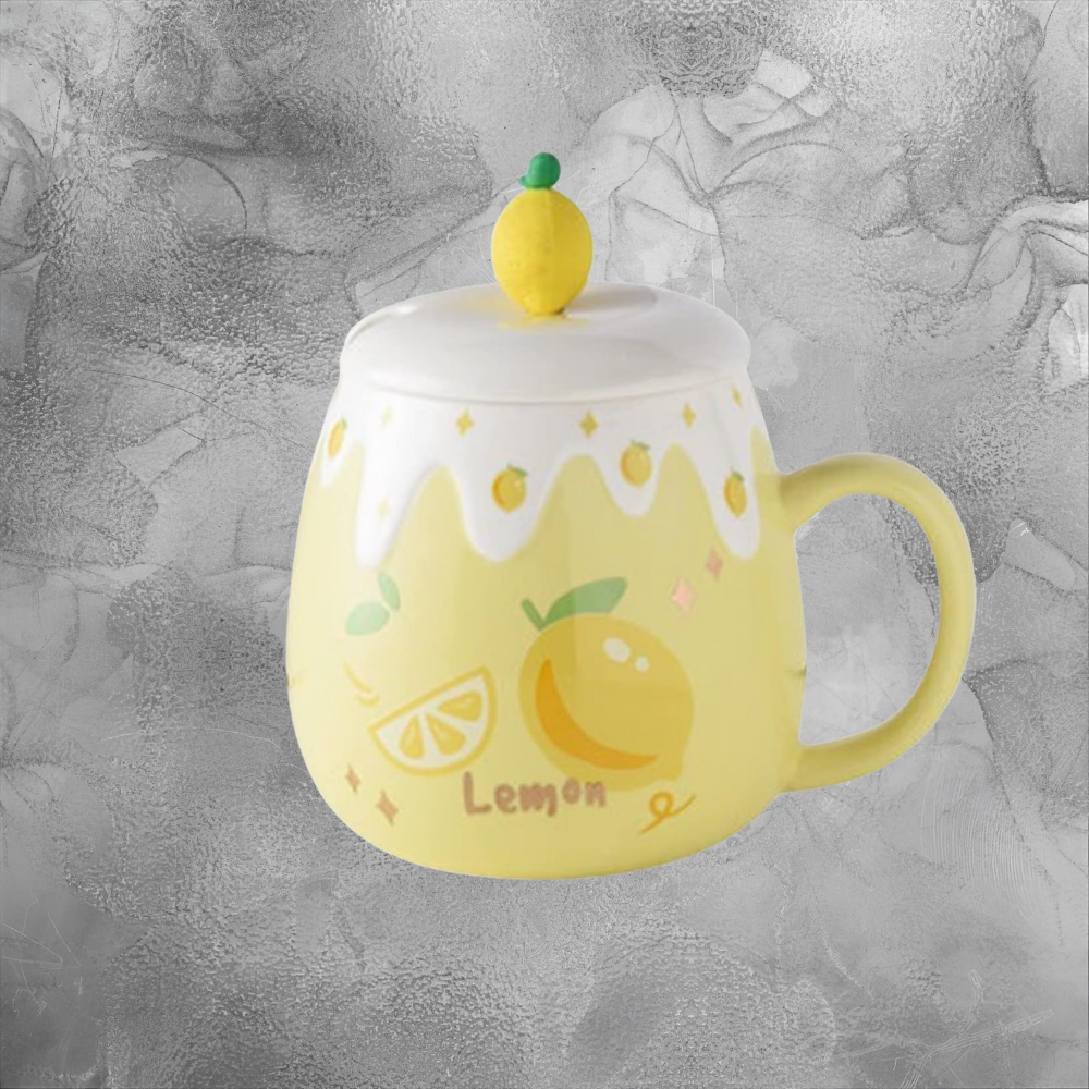 Lemon Ceramic Mug With Lid And Spoon Cozy Morning Gift For Her Cute Yellow Cup
