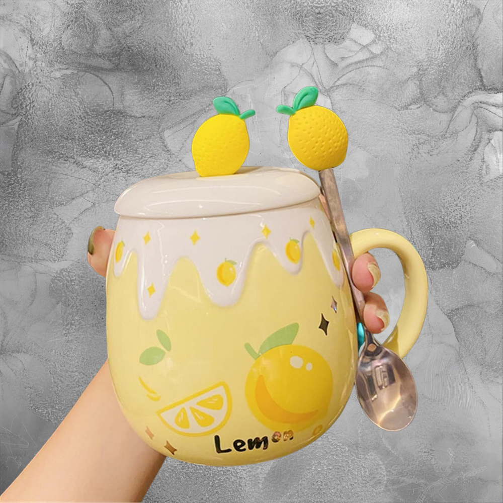 Lemon Ceramic Mug With Lid And Spoon Cozy Morning Gift For Her Cute Yellow Cup