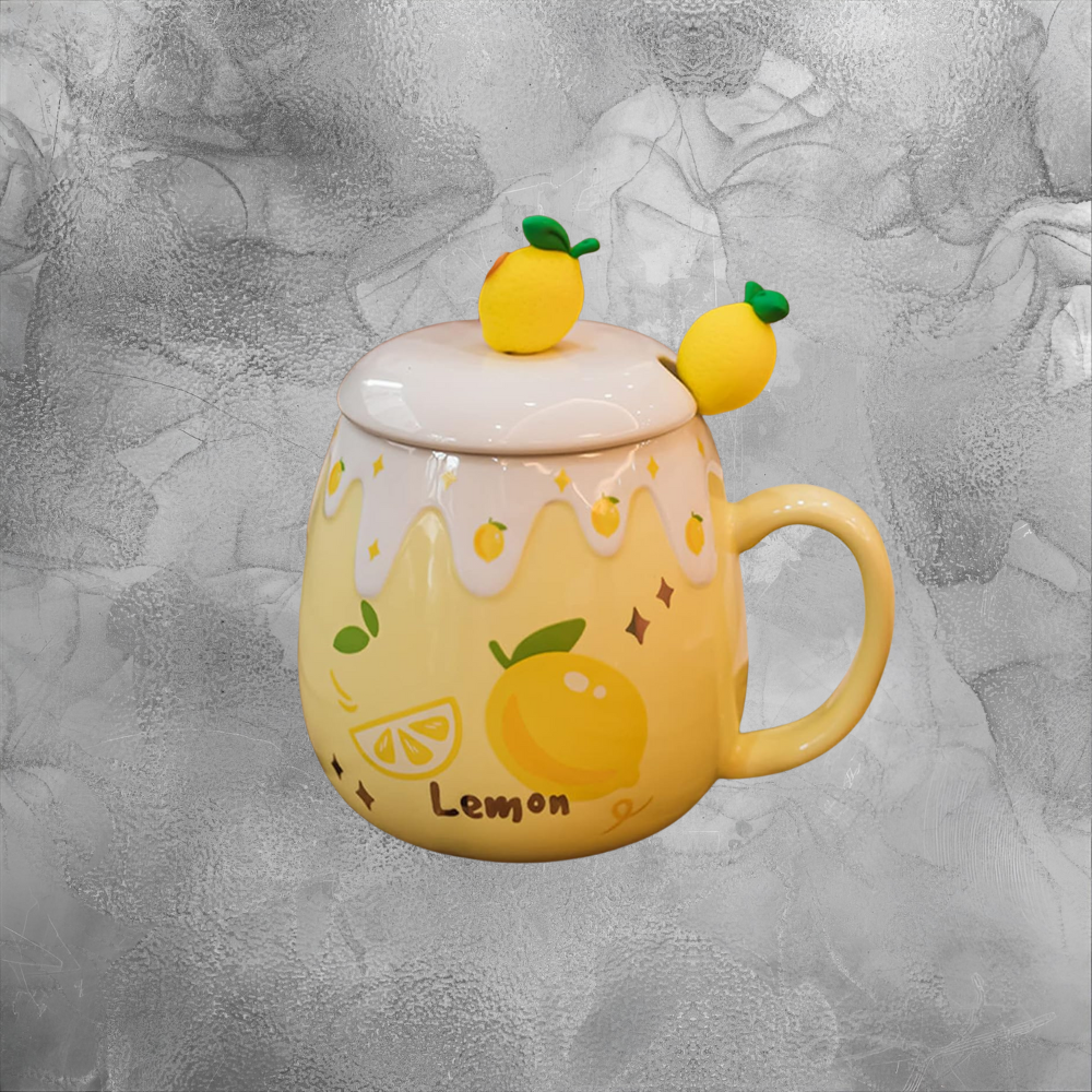 Lemon Ceramic Mug With Lid And Spoon Cozy Morning Gift For Her Cute Yellow Cup